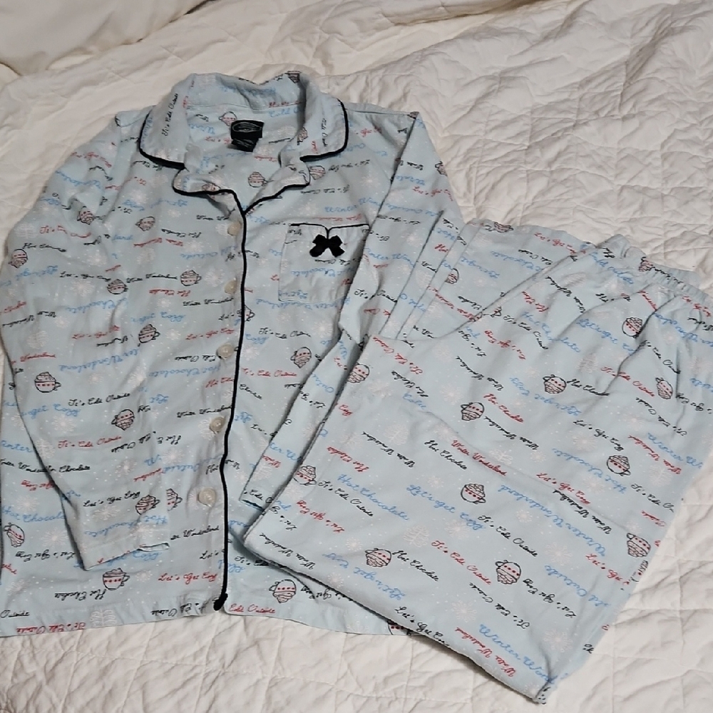 Laura Ashley Blue Pajama Set with Cupcake and Script Design